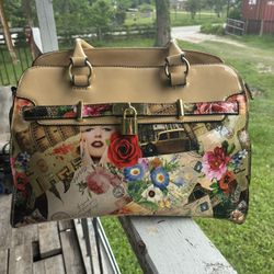 Nicole Lee Floral City Print Satchel Bag with Padlock Beige Multi-Color