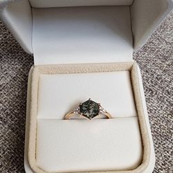 Vintage Moss Agate Hexagon Engagement Ring, Rose Gold