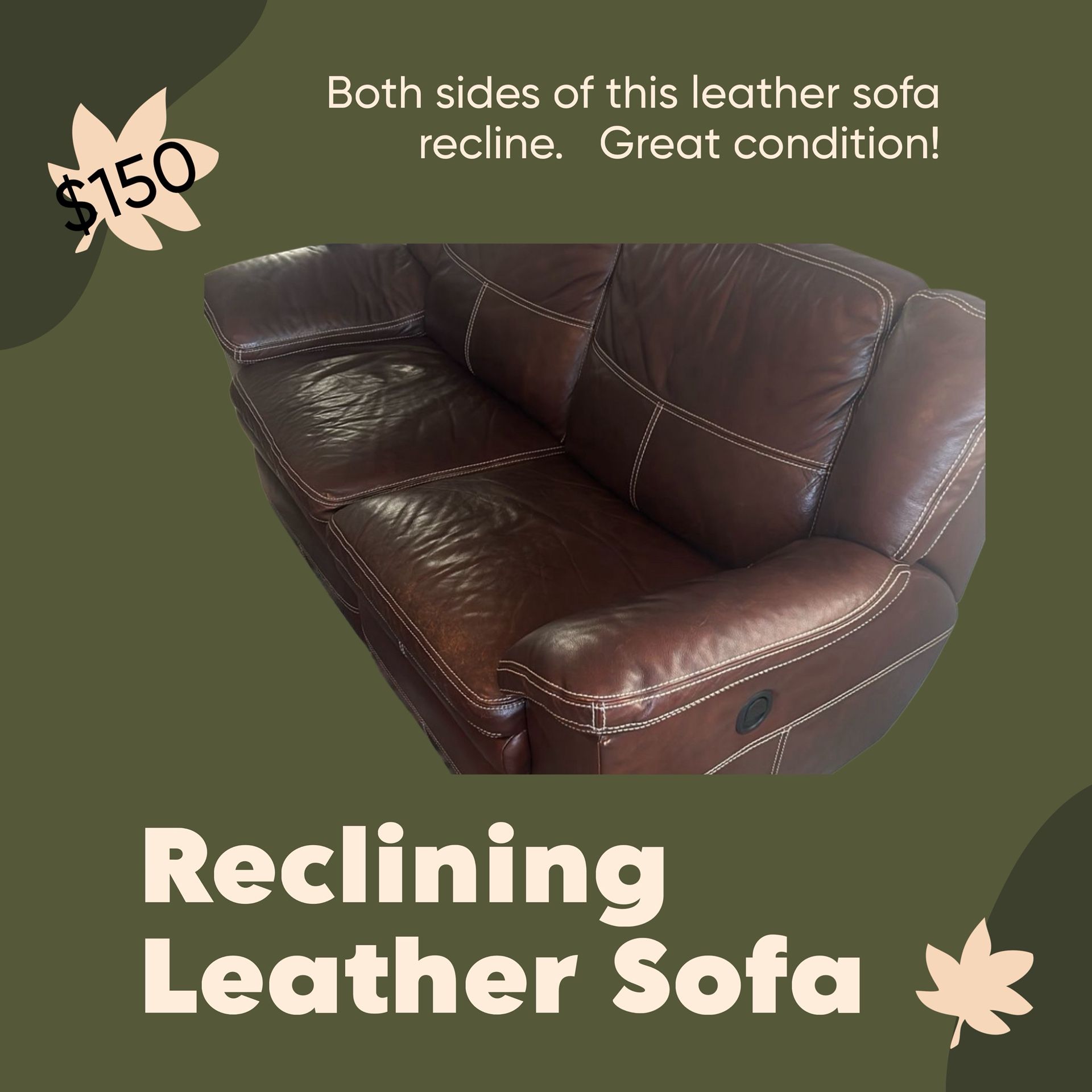 Leather Reclining Sofa – Excellent Condition