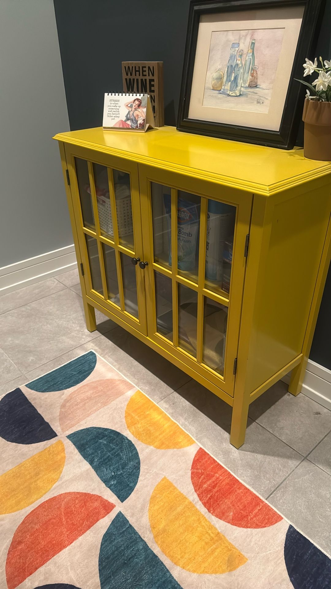 Yellow Storage Cabinet With Glass Doors 