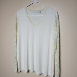 Susan Graver Ivory Liquid Knit Top V-Neck Cream Lace Long Sleeve Blouse Size XL