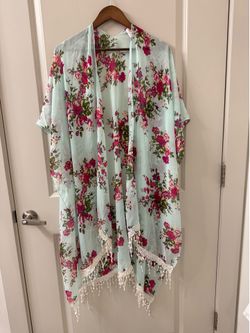Fringe Floral Women’s Kimono Cardigan Sheer Coverup Colorful One Size Beach Pool
