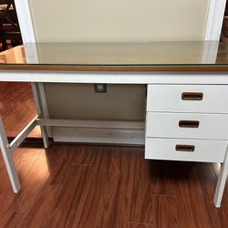 Wooden Desk With 3 Drawers Glass Top And Chair 