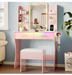 Vanity Desk with LED Lights Mirror & Power Outlet, Small Makeup Vanity Table Set with Storage Drawers & Chair, 3 Lighting Modes & Adjustable Brightnes