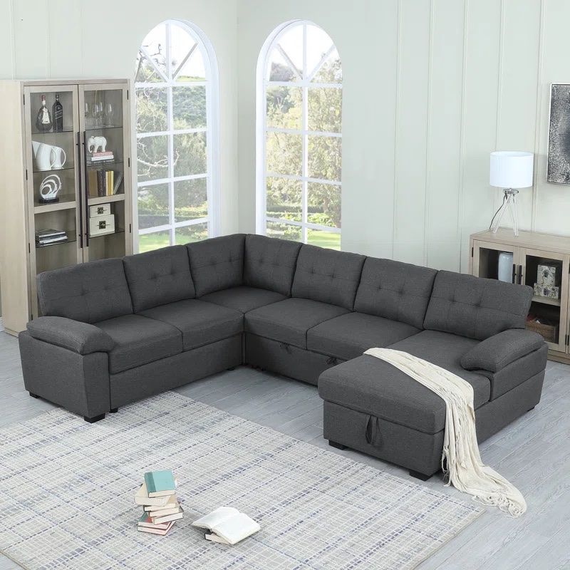 U Shaped Sectional Sofa Couch Pull-Out Bed With Storage Chaise