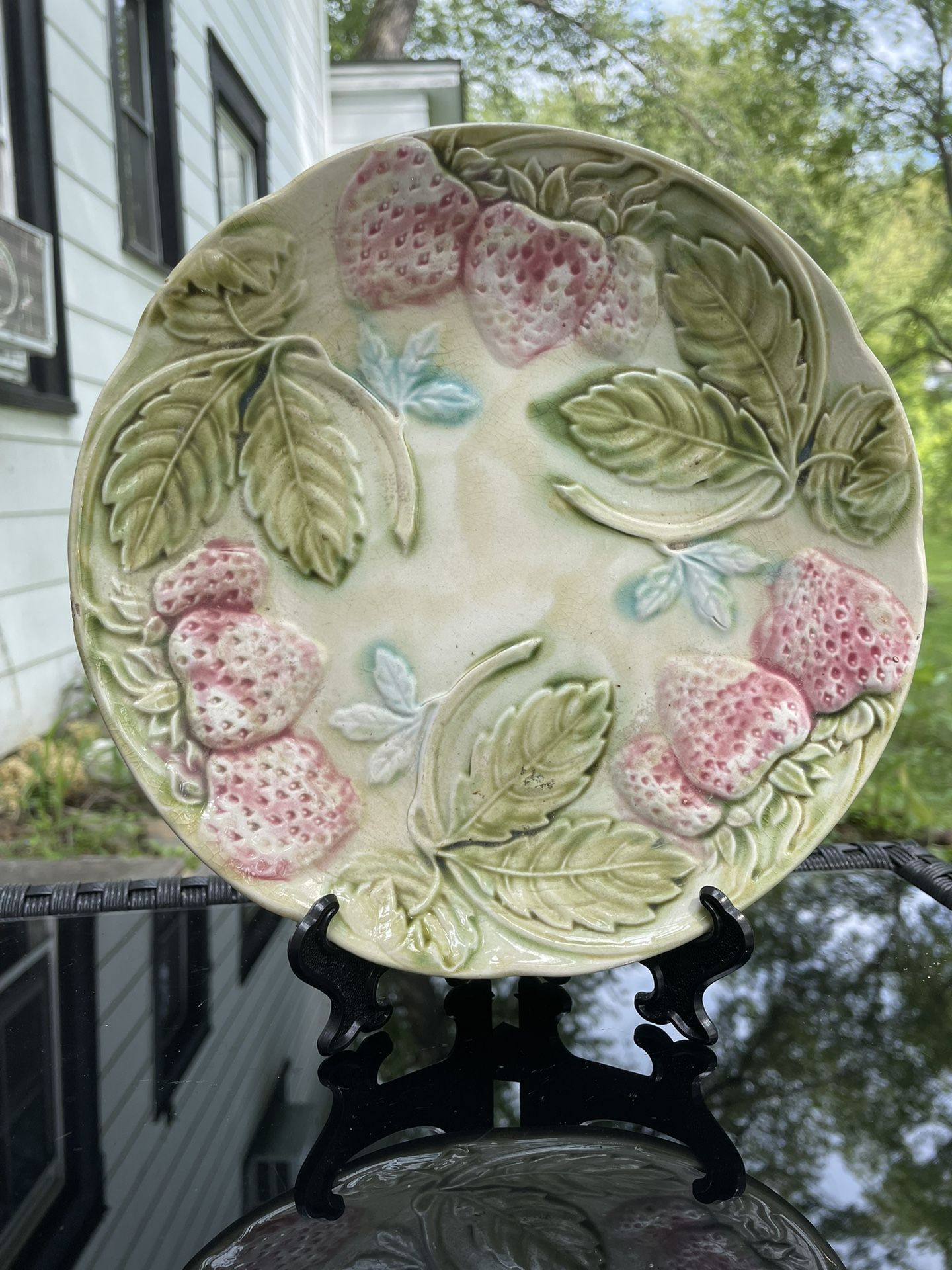 French Majolica Strawberry Plate. Vintage Hand Decorated Ceramic Wall Plate.