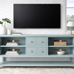 Refinished Modern Coastal Blue TV Console | Open Shelf Media Cabinet with Brass Hardware