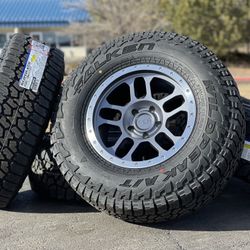 Set of 5 NEW Grey Wheels Jeep Rubicon 5x127 Rims JL Wrangler JK Gladiator Falken A/T Tires 285/70R17 Beadlock