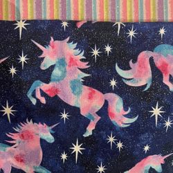 Fa-35 Cotton Navy Glittery Fabric With Purply/Pink/Aqua Unicorns