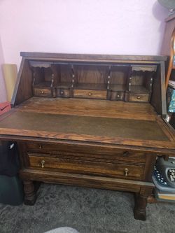 Vintage Tiger Oak Wood Secretary Desk