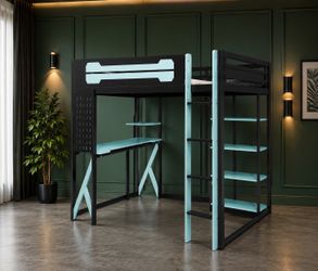 Bed with Desk Full Size Wood Loft, Shelves, RGB LED Lights, Power Outlet & USB/Type-C Ports, Gaming