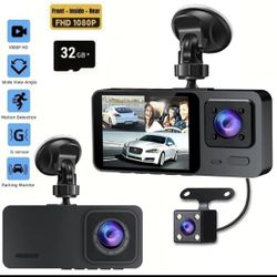 New In Box 3Channel Car DVR with 32G Card,Car Front&Rear Camera Recorder,Car Video Surveillance with 24hour Parking Mode,Seamless Loop Recording