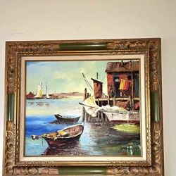 Jones Signed Harbor Scene Small Boats Oil Painting Art