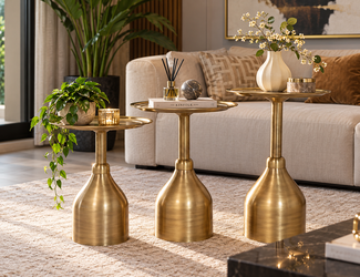 VESTA Set of 3 Antique Gold Metal Side Tables, 42 cm Round Tray Top, Modern Pedestal Accent Tables