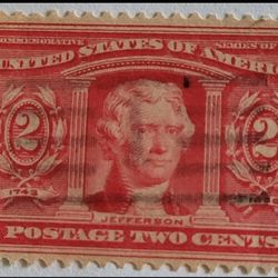 1904 Scott # 324 Thomas Jefferson, Louisiana Purchase Carmine 2-Cent Stamp Post Marked Canceled. The image is of a 2-cent United States postage stamp 