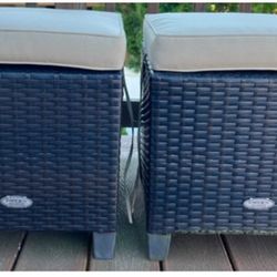 2 PATIOJOY OUTDOOR PATIO FURNITURE WICKER END TABLES FOOT RESTS WITH PILLOW TOPS