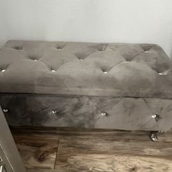 Beautiful Gray Velvet Crystal Studded Ottoman Storage Bench