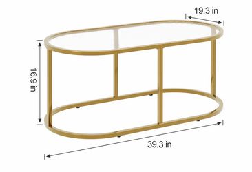Gold Glass Coffee Table for Living Room, Oval Table Center Table with Ribbed Glass Top and Sturdy Metal Frame,