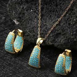 Exquisite Micro Pave 14K Gold Plated Turquoise Cubic Zirconia Dual Sided Hoop 16mm Earrings & Necklace Set