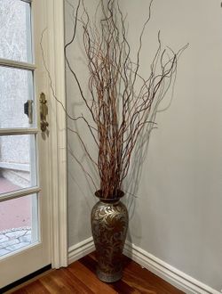 Tall Brown & Gold Floral Scroll Vase with Curly Willow Branches