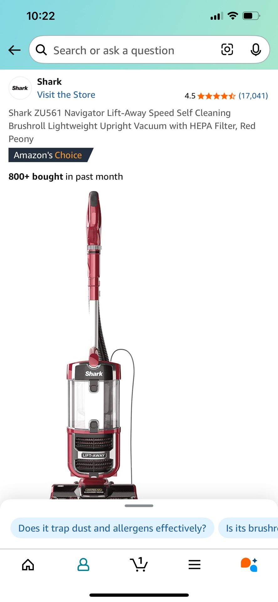 Shark ZU561 Navigator Lift-Away Speed Self Cleaning Brushroll Lightweight Upright Vacuum with HEPA Filter