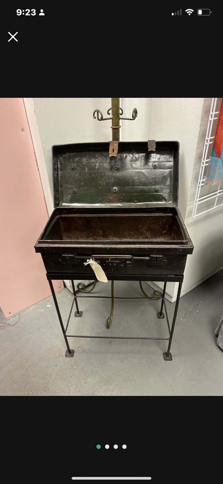 Very Old, Rare And Interesting Metal Steamer Trunk On Metal Stand