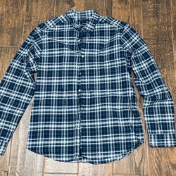 Theory Dobby Shirt Men Blue Plaid Flannel Long Sleeve