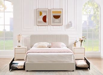 VECELO Queen Size Upholstered Bed Frame with 4 Drawers and Adjustable Headboard, Beige