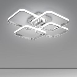 Dimmable Modern Led Ceiling Light, 4 Rings Square Ceiling Lamp with Remote Control, 48W Chrome Acrylic Ceiling Lighting Fixture 