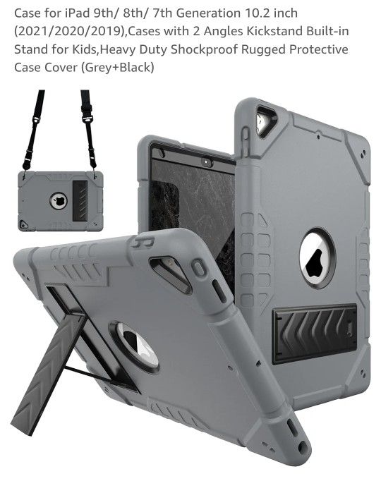 10.2 Inch IPad Case For 7th 8th 9th Gen Built In Kickstand & Strap Durable Gray