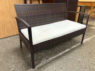 Brown Wicker Outdoor Bench w/ Ivory Cushion