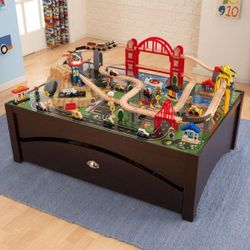 KidKraft Metropolis Wooden Train Set & Table with 100 Pieces and Storage Drawer, Espresso