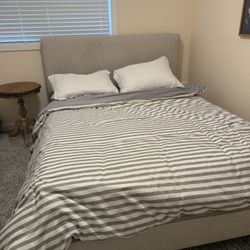 Queen size bed frame, mattress, sheets, and comforter