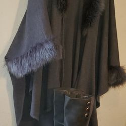 Cape /Pancho? Grey Faux Fur On Collar & Cuffs  ! Boots Xtra