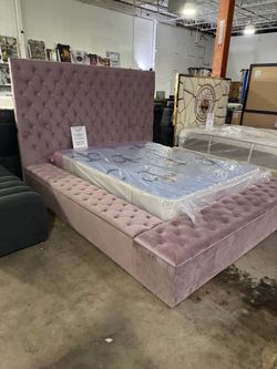 Brand new pink velvet square bed with storage. Queen size. Mattress sold separately