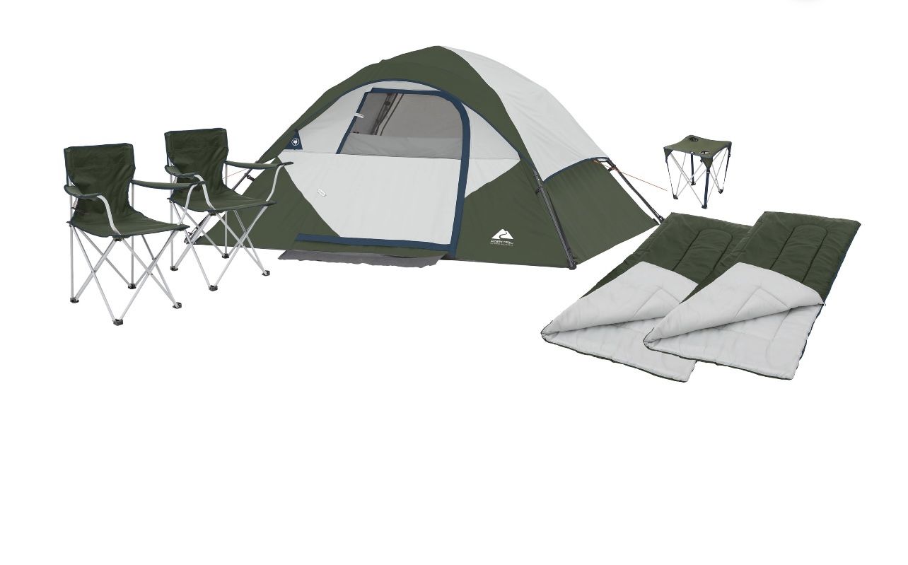 Ozark Trail 6-Piece Camping Combo -Green (Includes tent, chairs, sleeping bags, and table)