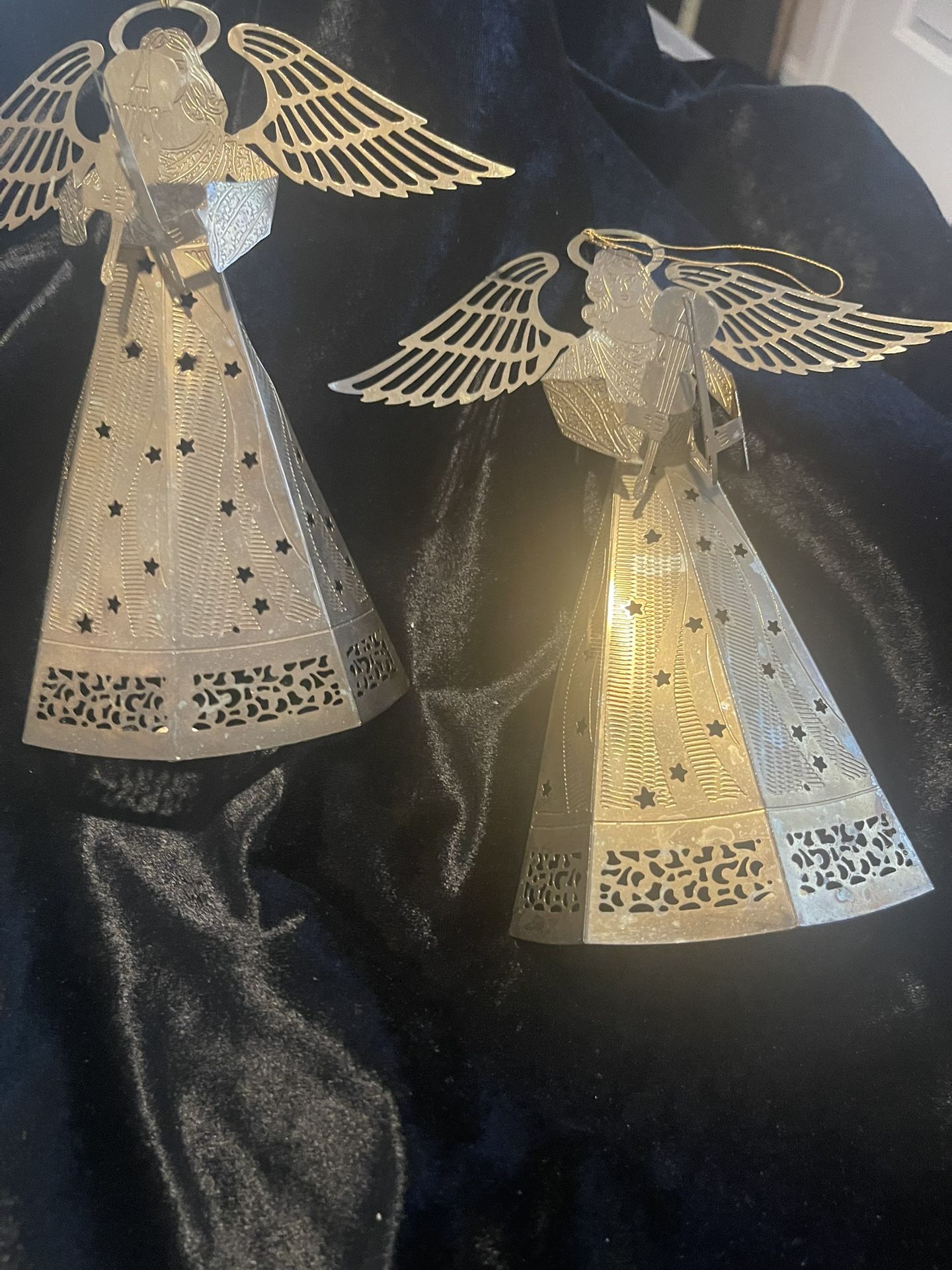 2 Thin Metal Standing Angels 7 X 6” With Fiddles