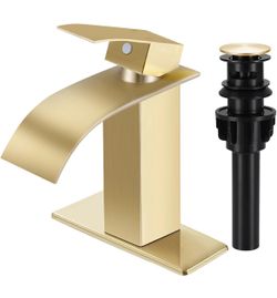Brushed Gold Bathroom Faucet with Waterfall Spout and Pop-up Drain $45