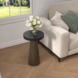 Side Table, Small Round End Table with Fluted Accent, Mid-Century Modern Nightstand for Small Space Living Room, Bedroom