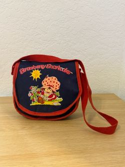 "Vintage 1980 Strawberry Shortcake Carry-Alls Canvas Shoulder Bag Navy Blue Red Trim Saddle Purse American Greetings"