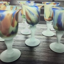 6 vintage Mexican hand blown confetti wine glasses