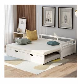 White Twin Size Extending Wooden Daybed with Trundle and Mattress