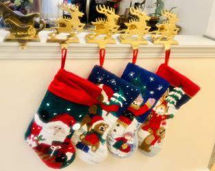 Set of vintage large Christmas Teddy Bears Santa , red backing. 