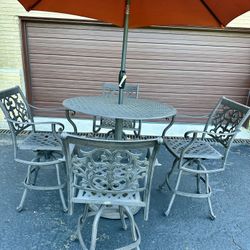 Cast Aluminum Patio Set, Free Local Delivery, Over $2000 When New, 42” Table With 4 Swivel Bar Height Stools, And Umbrella, High End Set,