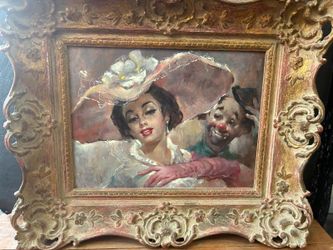 Vintage French Showgirl Clown Gold Framed Oil Painting 