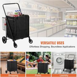 Folding Shopping Cart with Removable Waterproof Liner, 330LBS Large Capacity Jumbo Grocery Cart with Dual Basket, 360° Swivel Wheels, Dense Metal Mesh