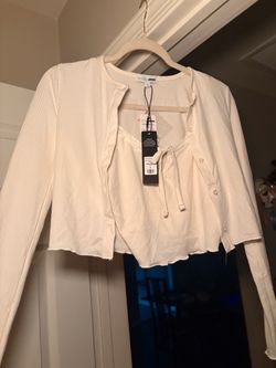Cream Bow Spaghetti-Strap Crop Top w/Cardigan