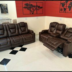 Owner's Box Brown Electric Power Reclining Sofa And Loveseat Home Theater Seating Party Time 