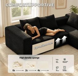 Large Black Corduroy U-Shaped Sectional Sofa