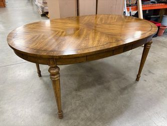 Vintage Oval Wooden Dining Table with Inlaid Banding and Sculpted Legs